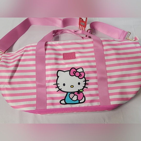 Bioworld Hello Kitty Pink and White Striped Duffle Bag 17.75"x14.5"×8"D - Picture 7 of 12